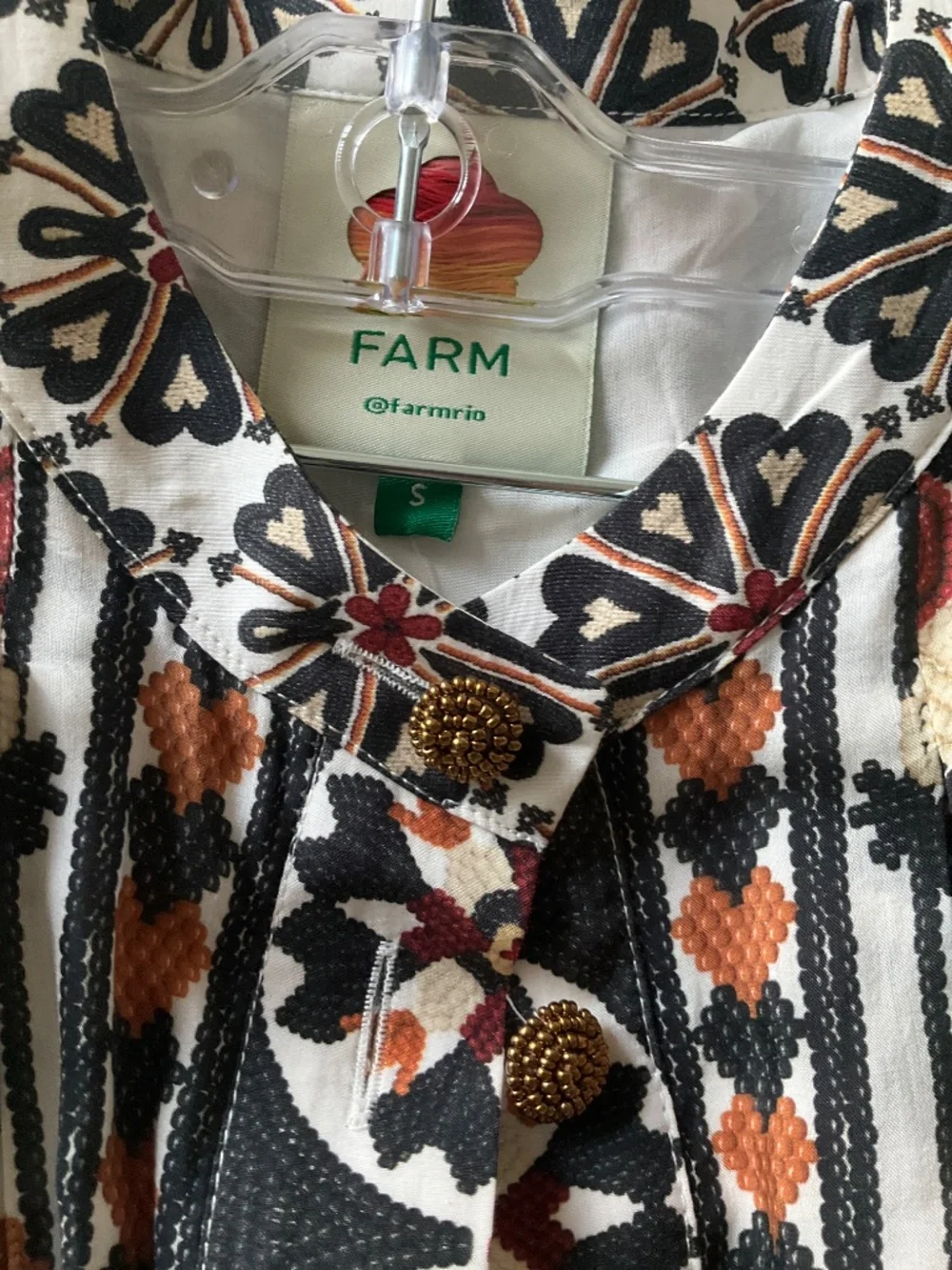 Farm Rio Ivory printed cotton-blend round collar Flower Fan Tapestry belted mini - Picture 4 of 7